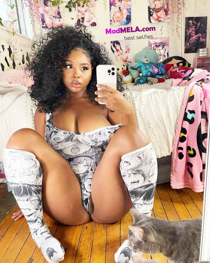 doll girl selfie trend in comic print bodysuit and long shoes